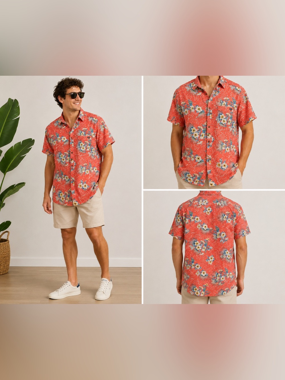Billabong Men's Medium Coral Tropical Hawaiian Shirt Floral Parrot Button Up